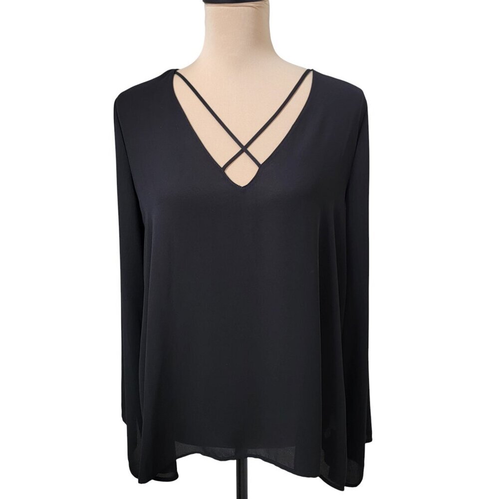 LUSH Size M Black V Neck with Criss Cross Detail Long Bell Sleeve Blouse, NEW